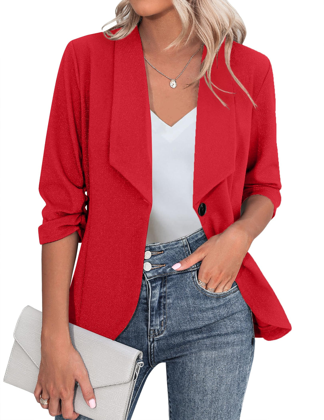Zeagoo Damen Blazer Elegant 3/4 Arm Business Longblazer Slim Fit Revers Blazer Sakko Casual Arbeit B