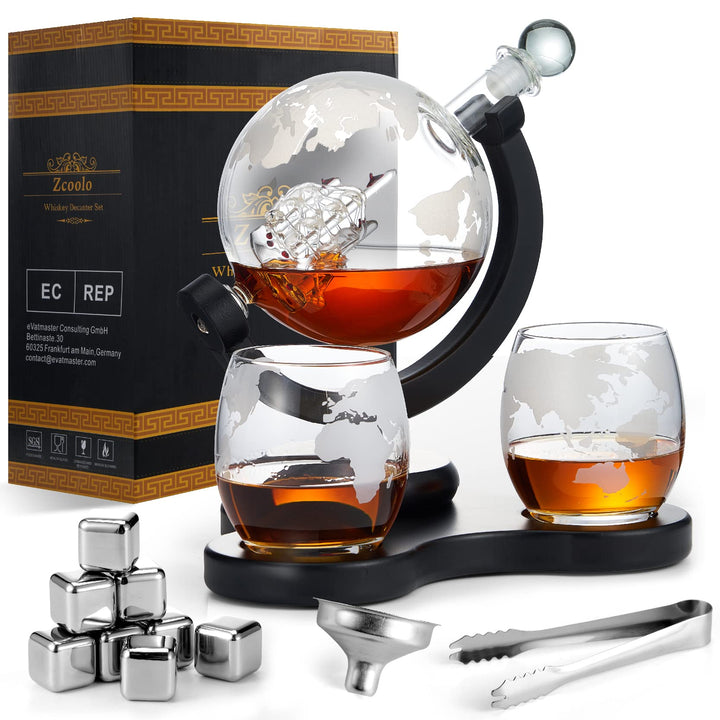 Zcoolo Whisky Decanter Set 850 ml Decanter, 2 Engraved Ball Glasses, Stainless Steel Funnel and 8 St