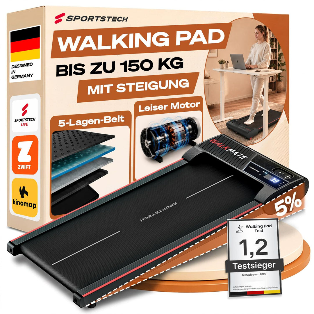Sportstech Walking Pad - Laufband Für Zuhause mit Steigung bis 5% | 1-6km/h, inklusive App Mitglieds