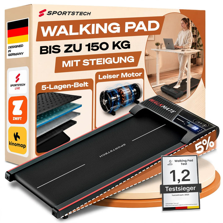Sportstech Walking Pad - Laufband Für Zuhause mit Steigung bis 5% | 1-6km/h, inklusive App Mitglieds