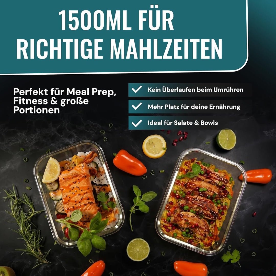 RDY® Meal Prep Boxen Glas 1500ml - 5er Set - luftdichte Glasbehälter Mikrowelle, Backofen, Gefrierfa