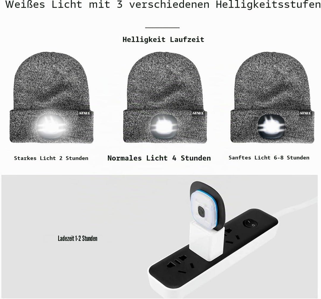 ATNKE LED Beleuchtete Mütze,Wiederaufladbare USB Laufmütze mit Licht Extrem Heller 4 LED Lampe Winte