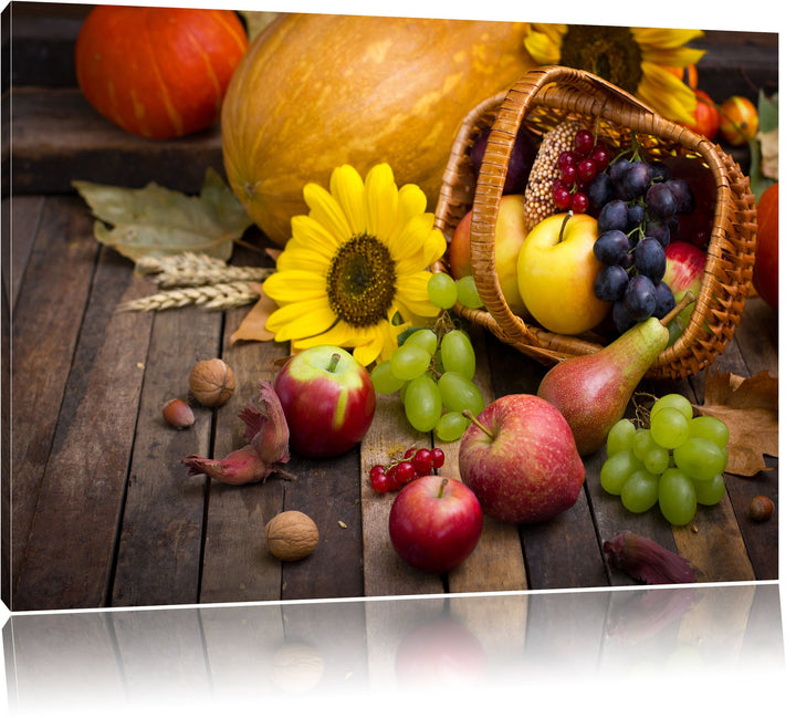 Herbstlicher Obstkorb, Format: 100x70 auf Leinwand, XXL riesige Bilder fertig gerahmt mit Keilrahmen