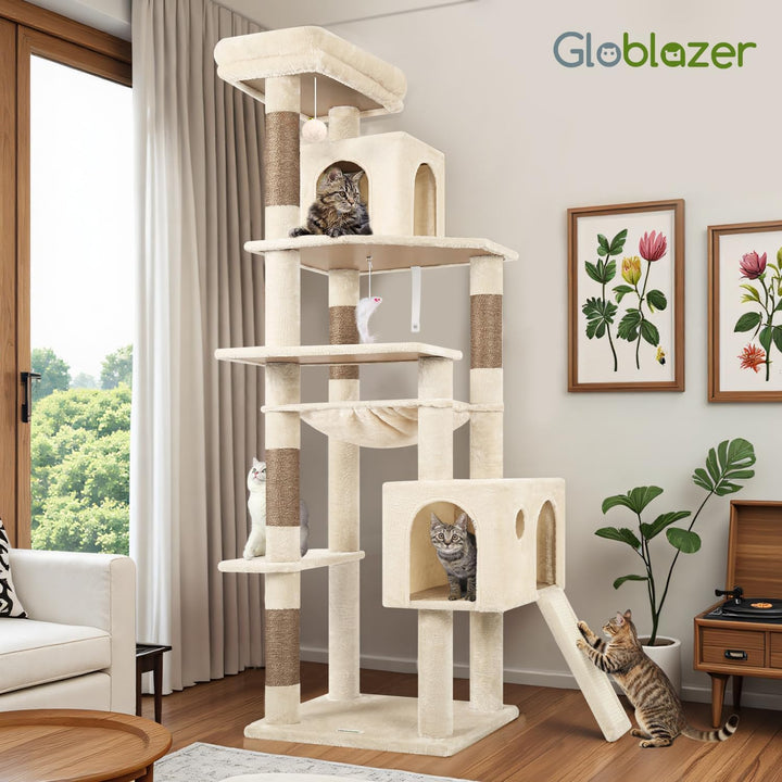 Globlazer Kratzbaum Beige Grosse hoch 178 cm mit Grosser Hängematte 43 * 36CM, 2 Katzenhaus, Gepolst