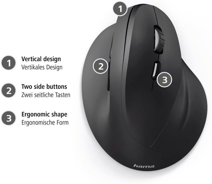 Hama kabellose Maus ergonomisch (Vertikale ohne Kabel für Rechtshänder, Wireless Funk-Maus mit optis
