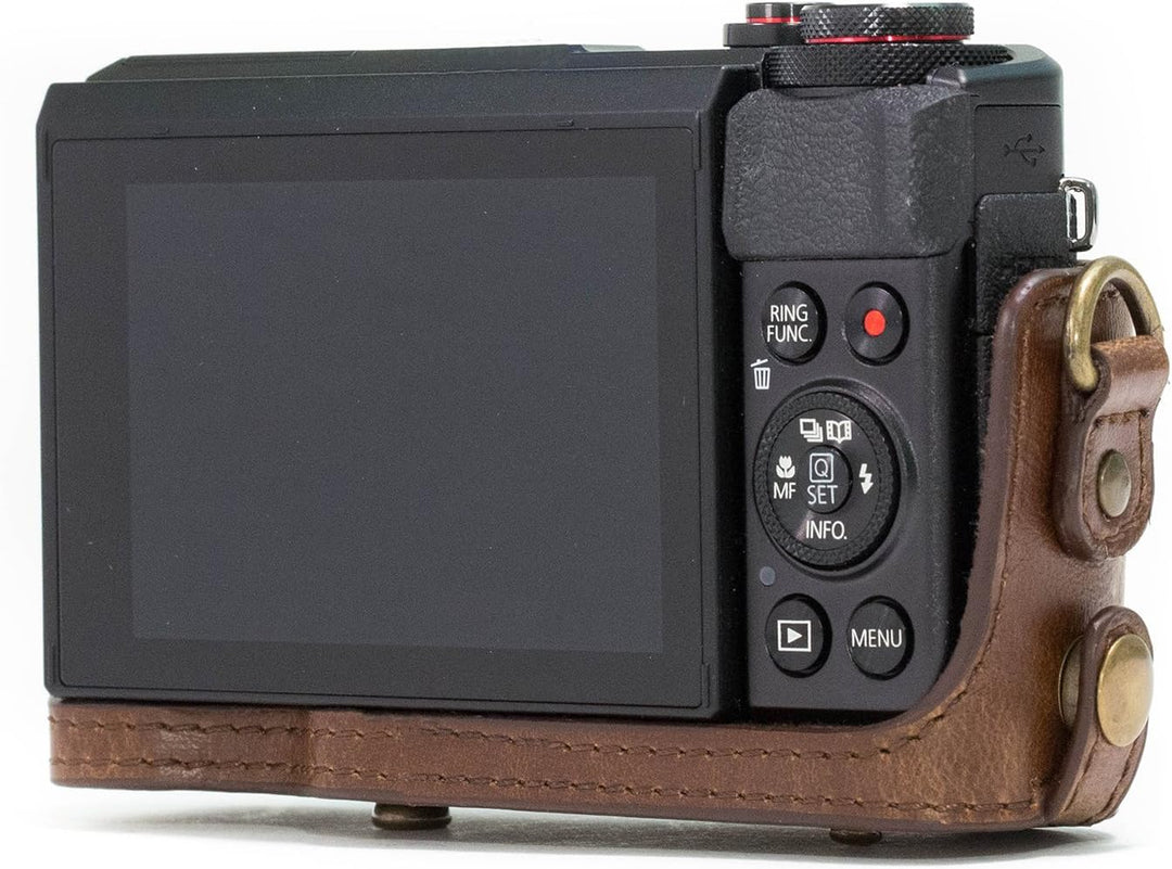 MegaGear Ever Ready Leder Kameratasche mit Trageriemen kompatibel mit Canon PowerShot G7 X Dunkelbra