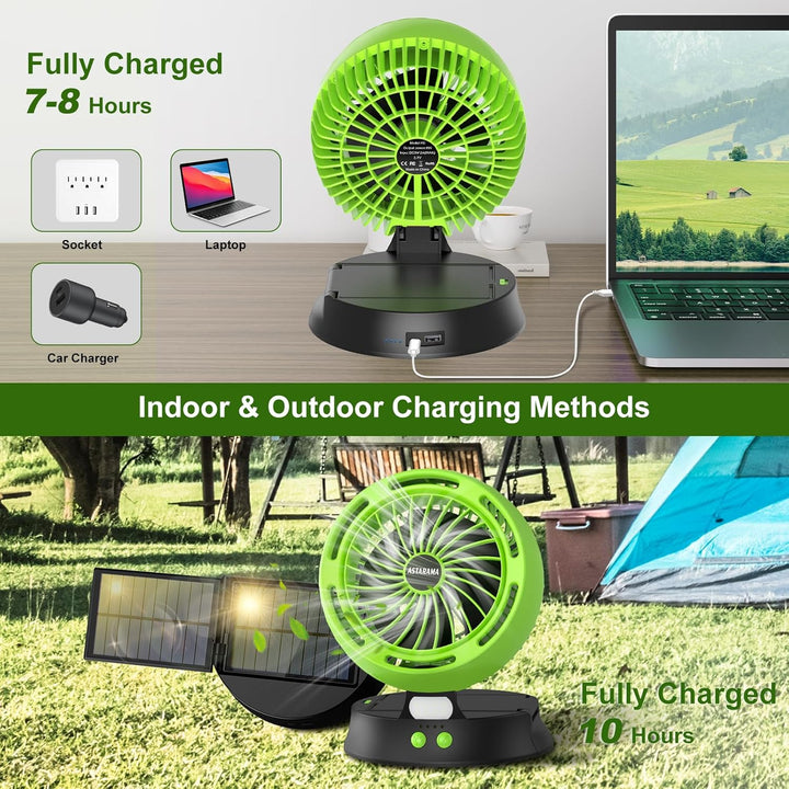 Solar Ventilator, Camping Ventilator mit LED Licht, Solarpanel, 7800mAh Akku, 4-Gang Tischlüfter, US