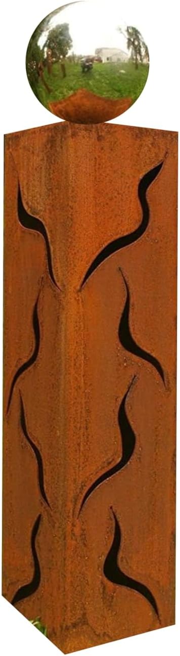 Gartendeko Säule 60 cm Rost Skulptur mit Edelstahlkugel