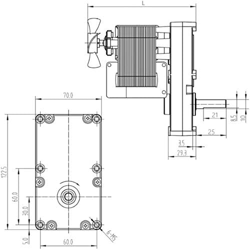 AC Spaltpol-Getriebemotor, 230V~, 50Hz, 50W, 123x70mm, 25Nm, 3,2U/min. 3,2 Umdrehungen/Minute, 3,2 U