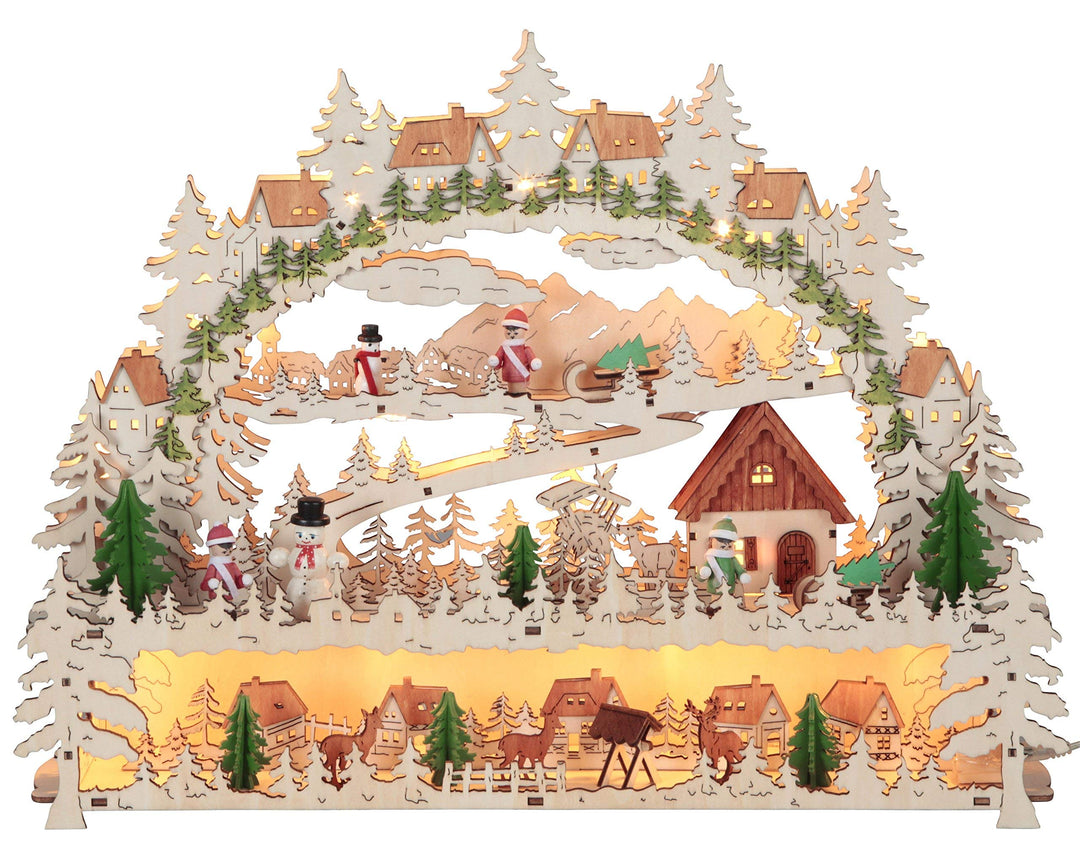 LED-Fensterleuchter "Village" 14 warmwhite LED, Material: Holz, Farbe: natur/bunt, ca. 34 cm x 45 cm