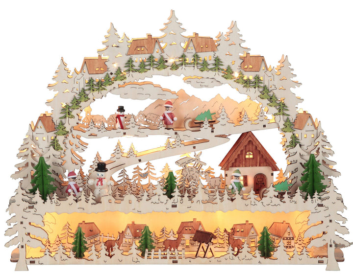 LED-Fensterleuchter "Village" 14 warmwhite LED, Material: Holz, Farbe: natur/bunt, ca. 34 cm x 45 cm