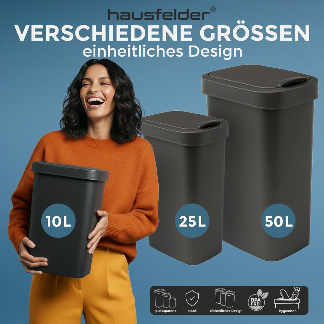 Hausfelder Mülleimer 50l gross mit Deckel in schwarz, Schwingdeckel Abfalleimer Küche mit 50 Liter,