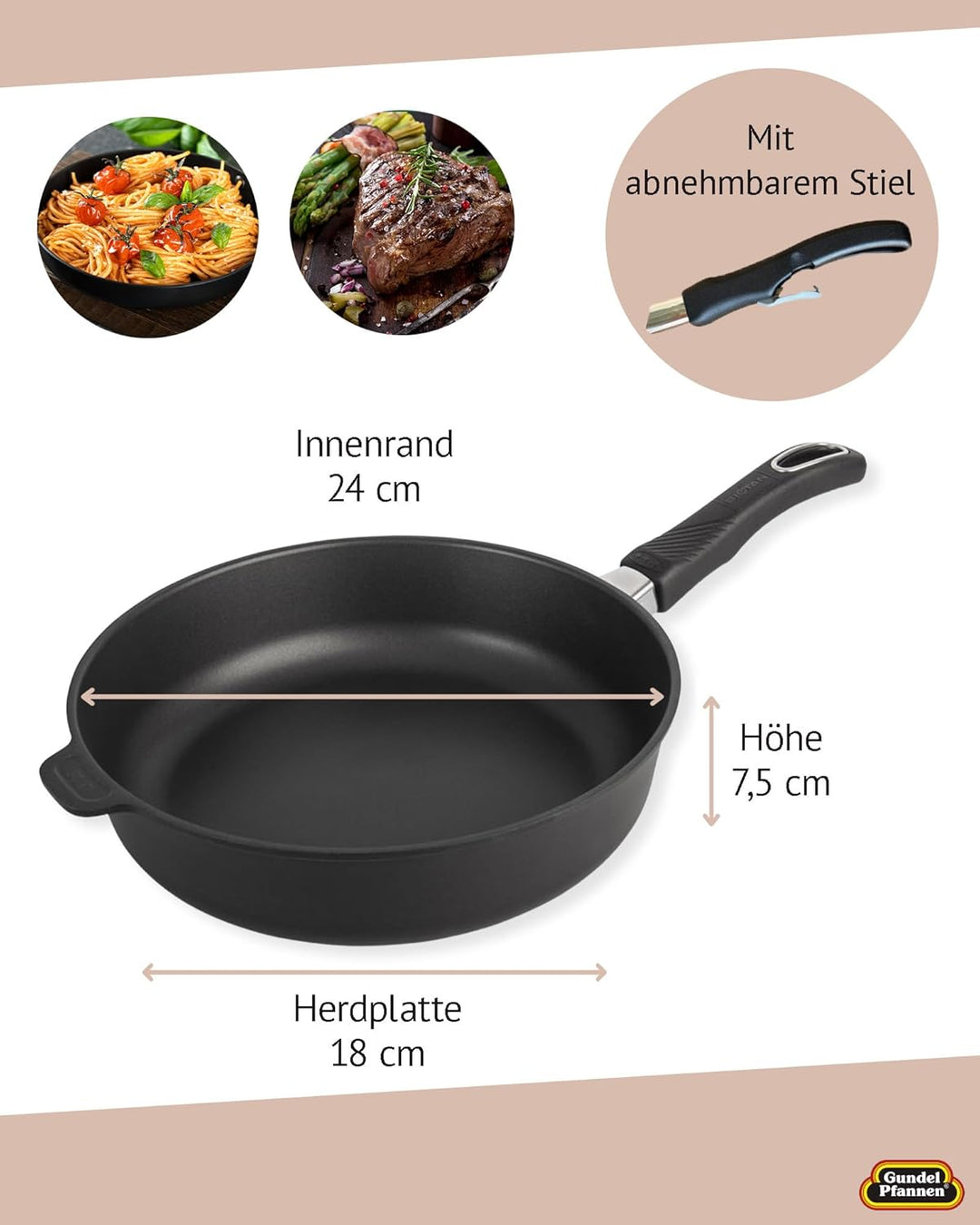 Original Gundel GUSS-BRATPFANNE INDUKTION hoch, Ø 24 cm, Höhe 7,5 cm, BIOTAN-Oberfläche, PFOA-frei,