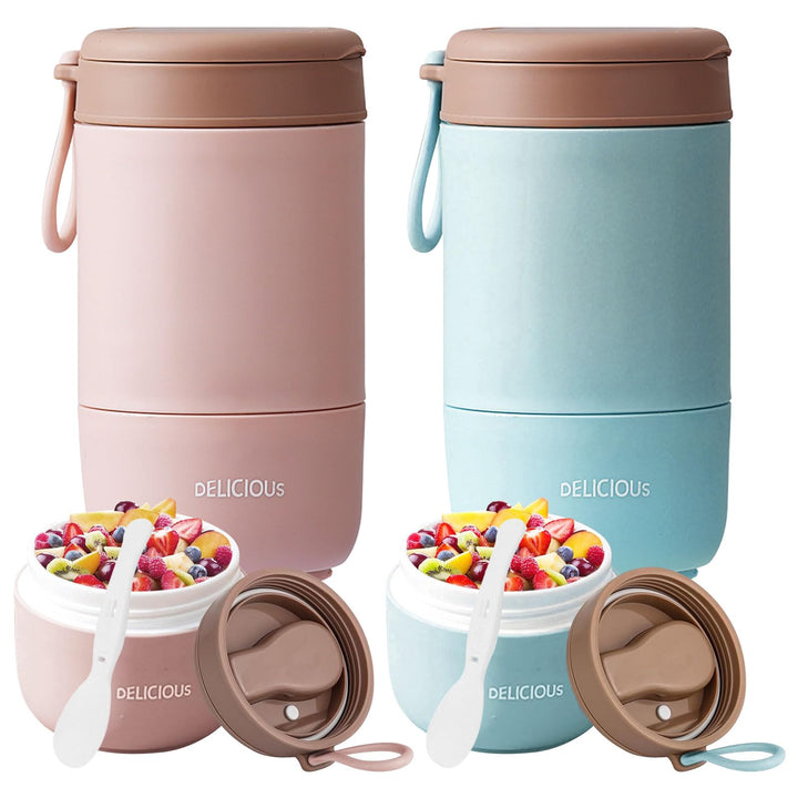 2 Stück Müslibecher To Go mit Deckel,PP-Material Porridge Becher Joghurtbecher to Go mit Löffel,780m