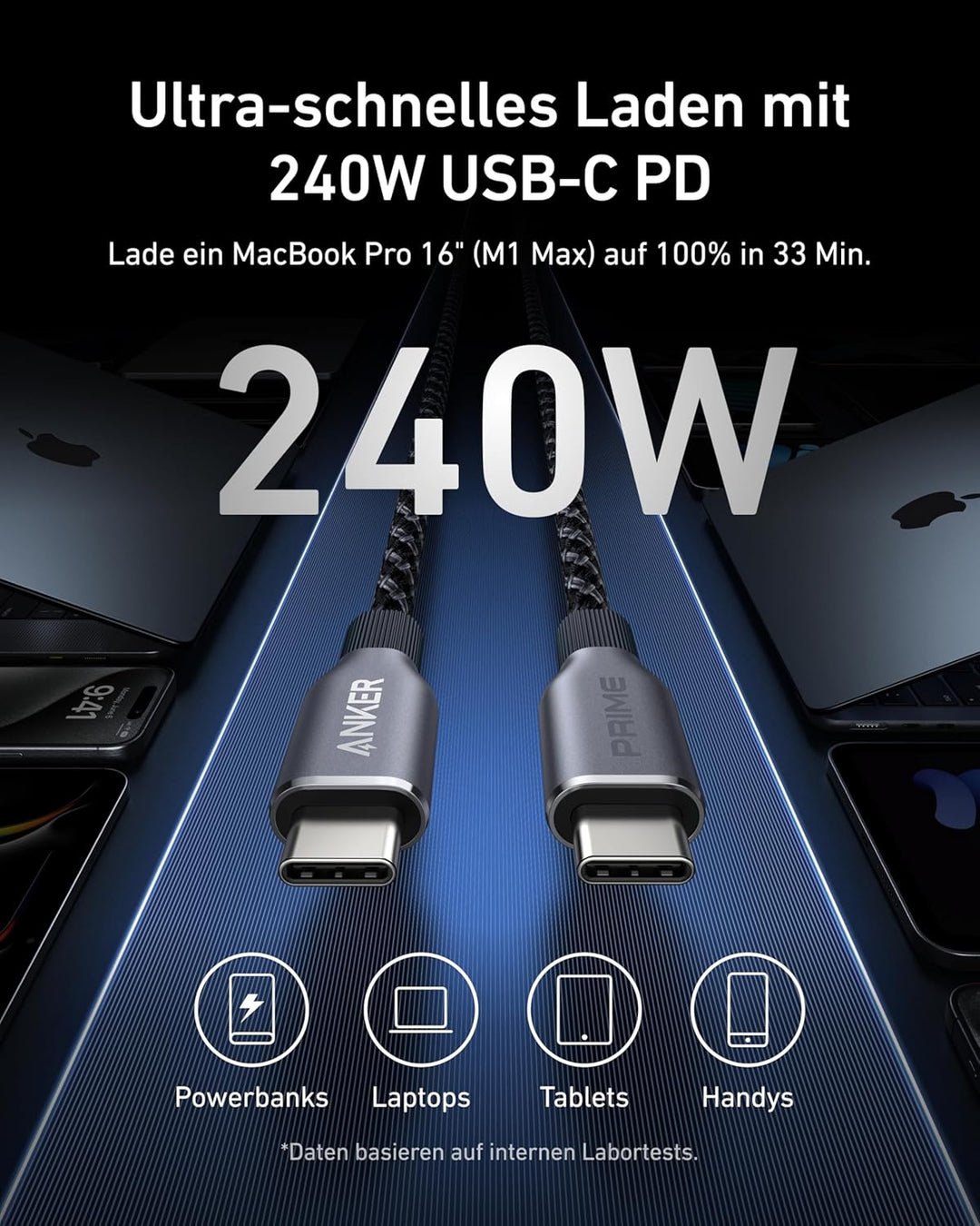 Anker Prime USB C auf USB C Kabel, 240W 180cm Schnellladekabel USB C, Upcycled Nylon im Flecht-Desig