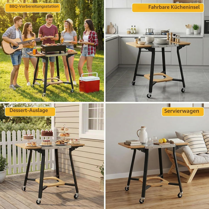 GFTIME Grillwagen mit Edelstahl-Arbeitsplatte, BBQ Wagen mit 2 klappbaren Seitenablagen, Gasflaschen