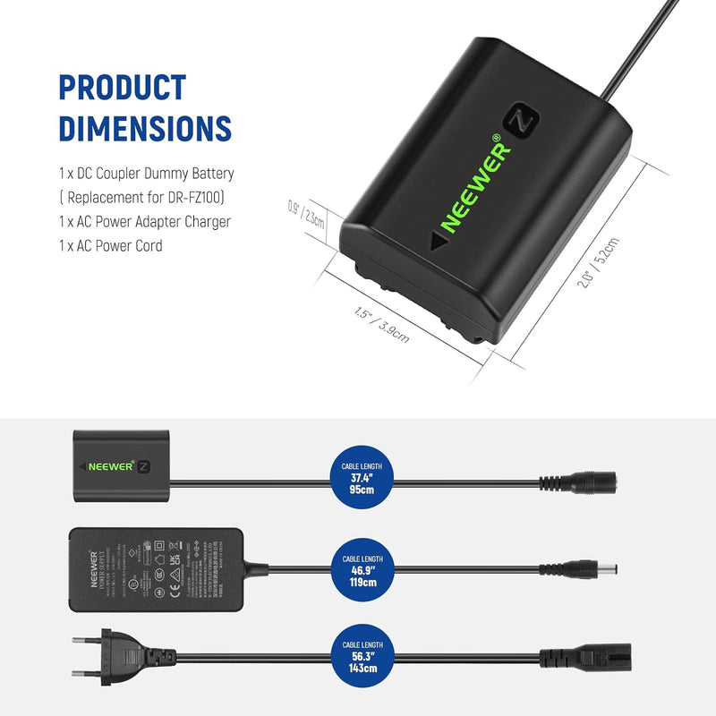 Neewer NP-FZ100 AC-Netzteil und DC-Koppler-Dummy-Akku-Ladegerät-Set, kompatibel mit Sony A1, A9 II,