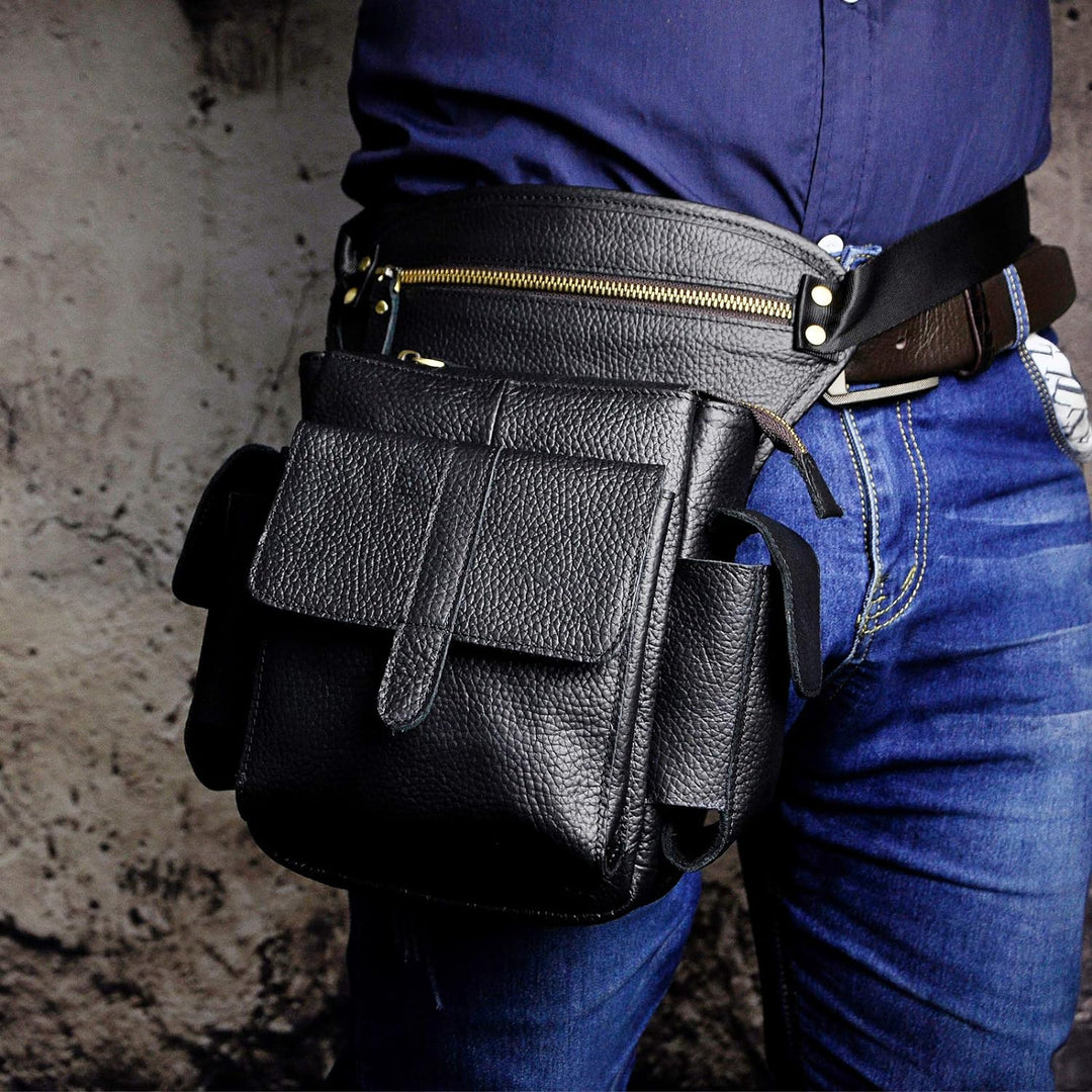 Le'aokuu Herren Echtes Leder Hüfttasche Gürteltasche Bauchtasche Reissverschluss Motorrad Messenger
