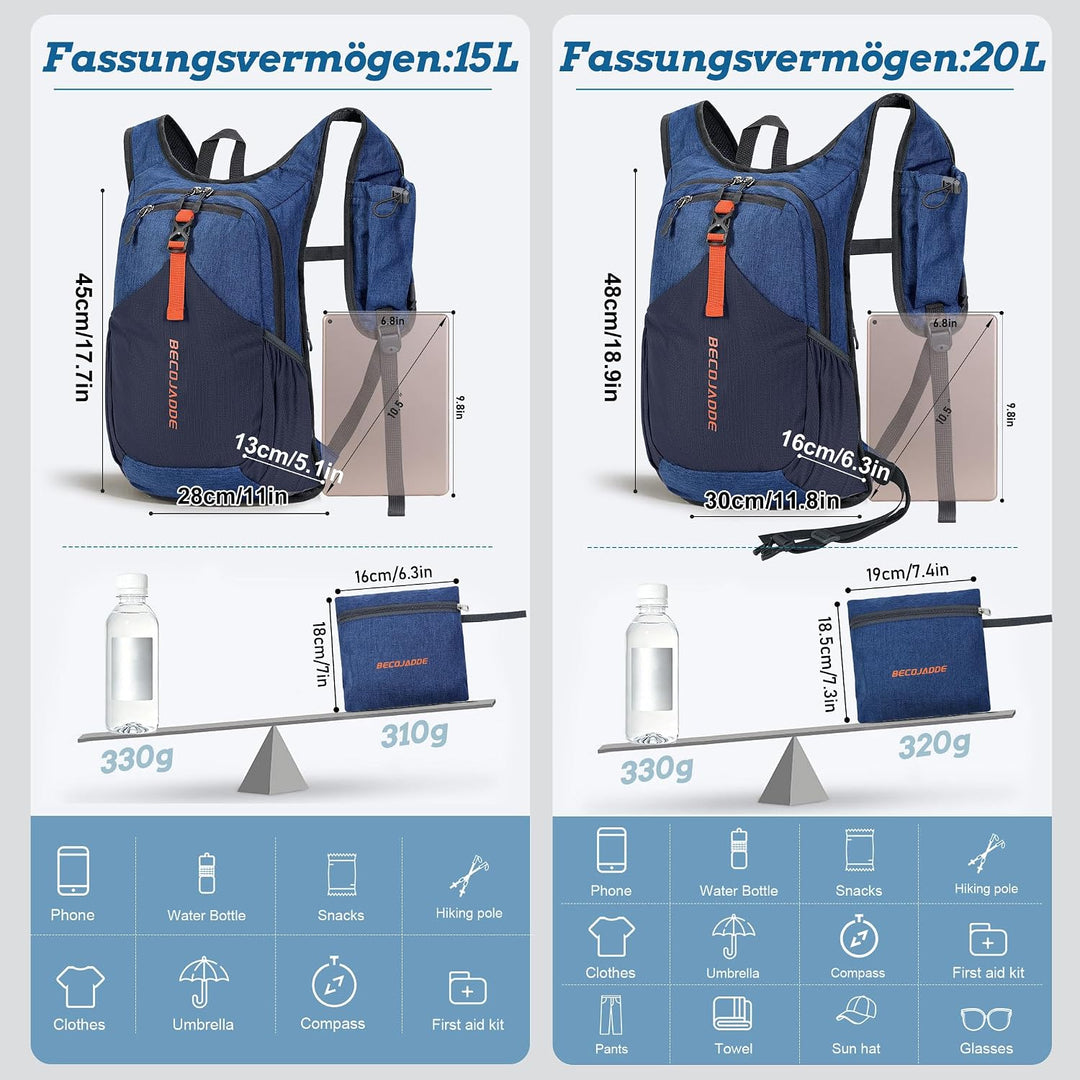15L Wanderrucksack Herren Kleiner Rucksack Damen Leichter Daypack Tagesrucksack Faltbarer Trekkingru
