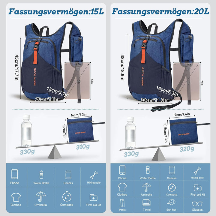 15L Wanderrucksack Herren Kleiner Rucksack Damen Leichter Daypack Tagesrucksack Faltbarer Trekkingru