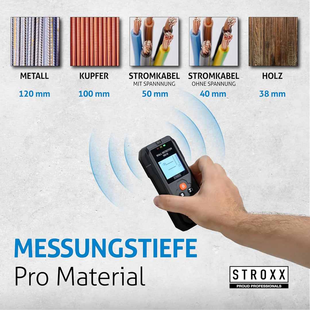 STROXX - Wanddetektor MK10 5in1 inkl. 3 Batterien - Leitungssucher - Ortungsgerät - Wandscanner - Ka