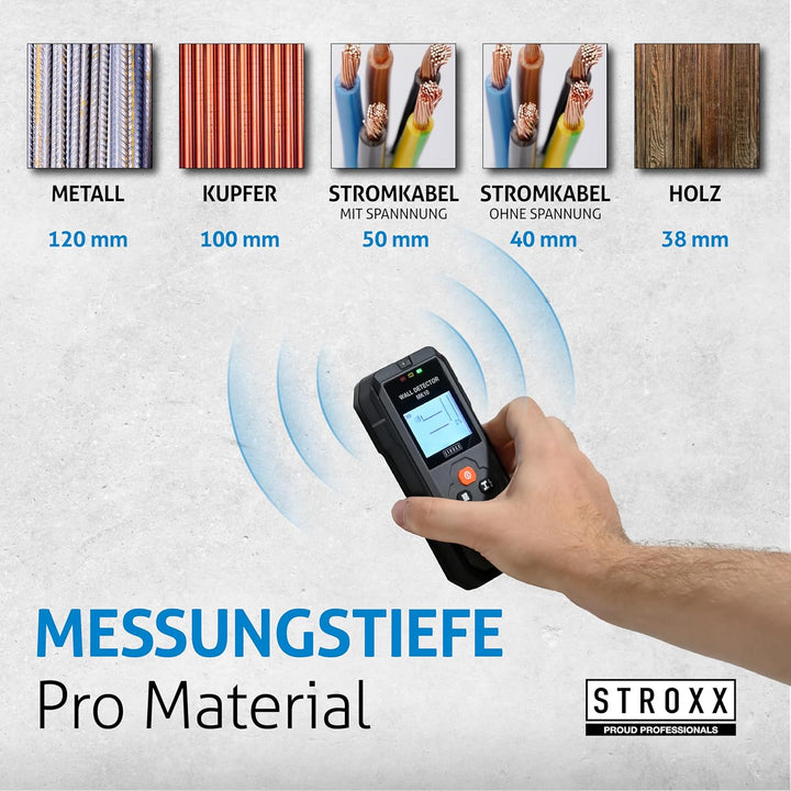 STROXX - Wanddetektor MK10 5in1 inkl. 3 Batterien - Leitungssucher - Ortungsgerät - Wandscanner - Ka