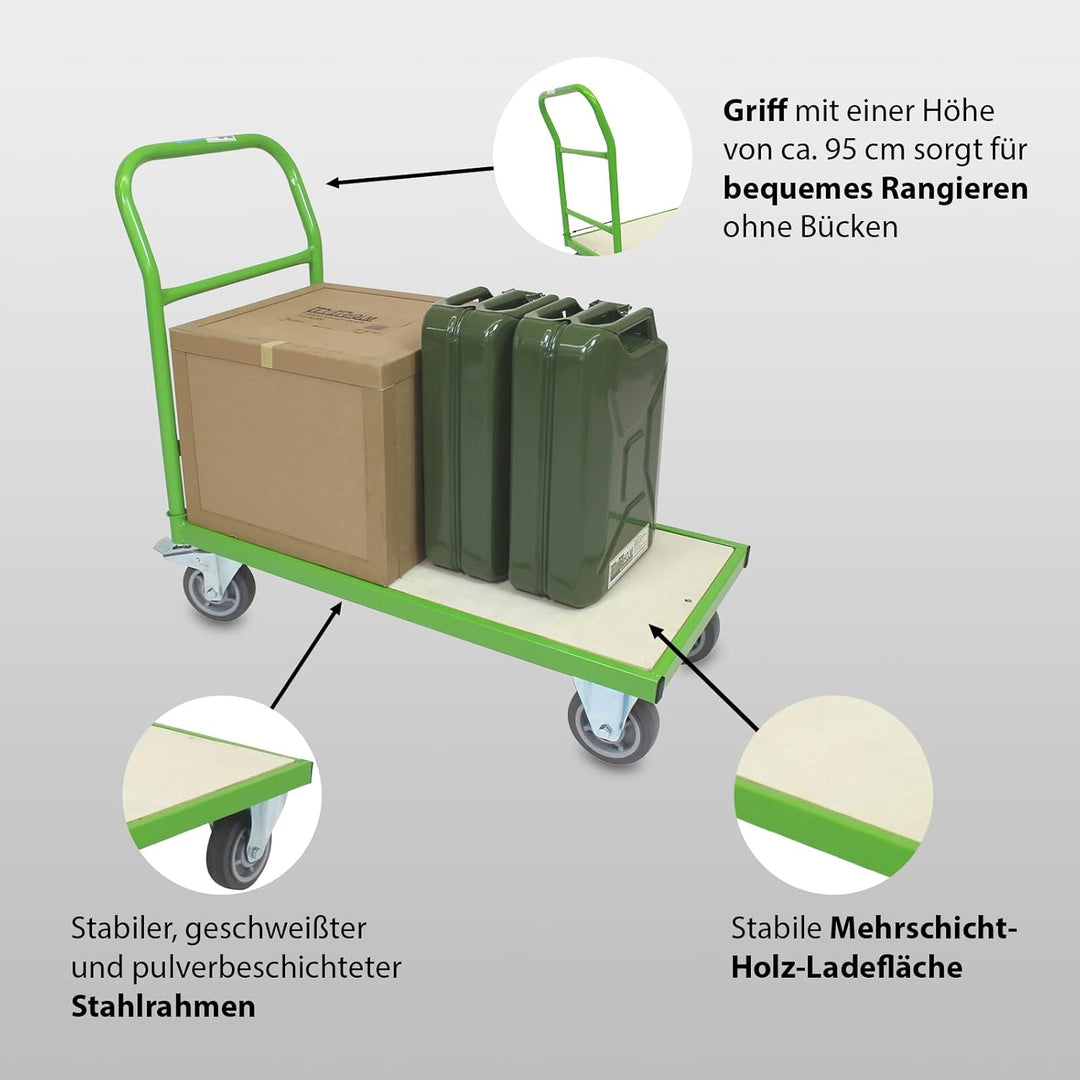 TRUTZHOLM Plattformwagen mit Feststellbremsen | 500 kg | 100 x 52 x 95 cm | Transportwagen Griff abn