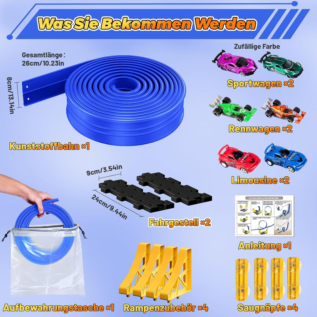 Autorennbahn Kinder, 500CM Rennbahn Rennstrecke Flexible Rennstrecke Kinder mit 6 Kleinwagen Aufbewa