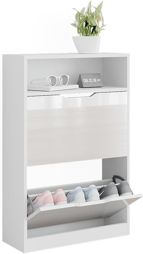 Vicco Schuhkipper Luca, Weiss/Weiss Hochglanz, 59 x 89.5 cm mit 2 Fächern, zur Aufbewahrung von Schu