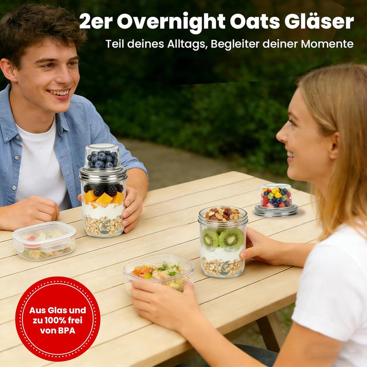 2 Stück Müslibecher to go, 500ml+100ml Joghurtbecher to go, Doppelschicht Auslaufsicherer Overnight