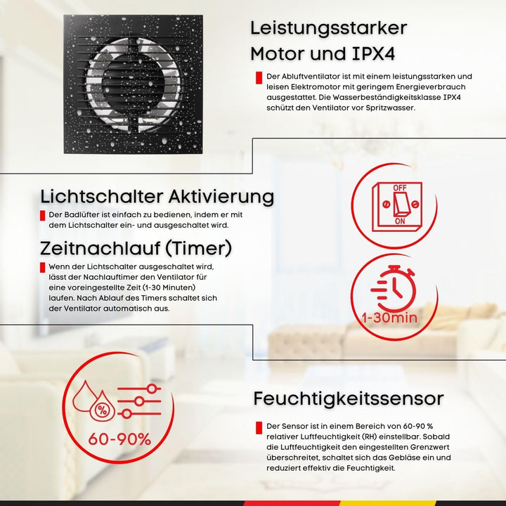 Steinberg14 Badlüfter Ø 100mm mit Feuchtigkeitssensor und Zeitnachlauf (Timer) - Anthrazit Ventilato