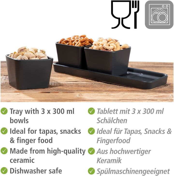 WENKO Snack & Dip Schalen Set, 4-teilig, 3 x 300 ml Schälchen mit Tablett, Für Tapas, Snacks & Finge
