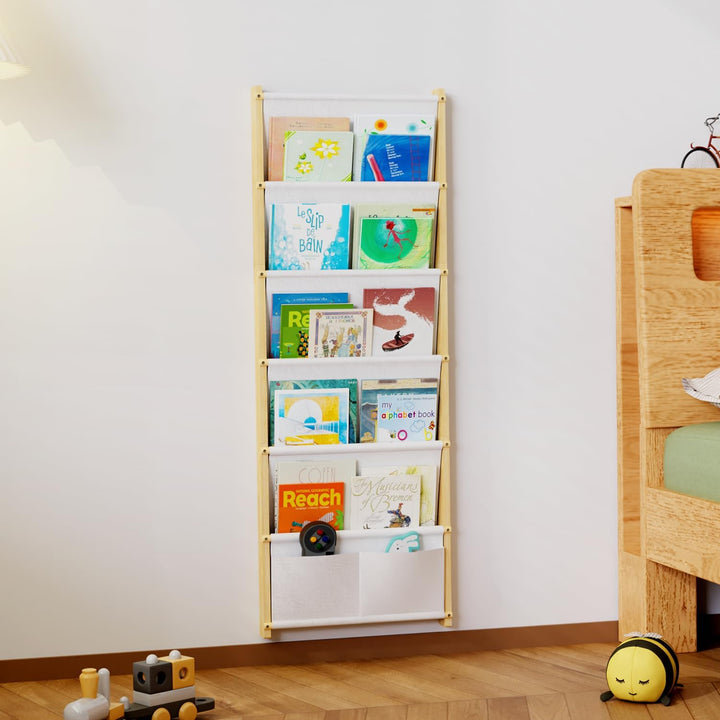 Bücherregal Kinder Wand Holz, mit 6 Lagige Taschen Wandregal Bücher Kinder, Montessori Bücherregal f