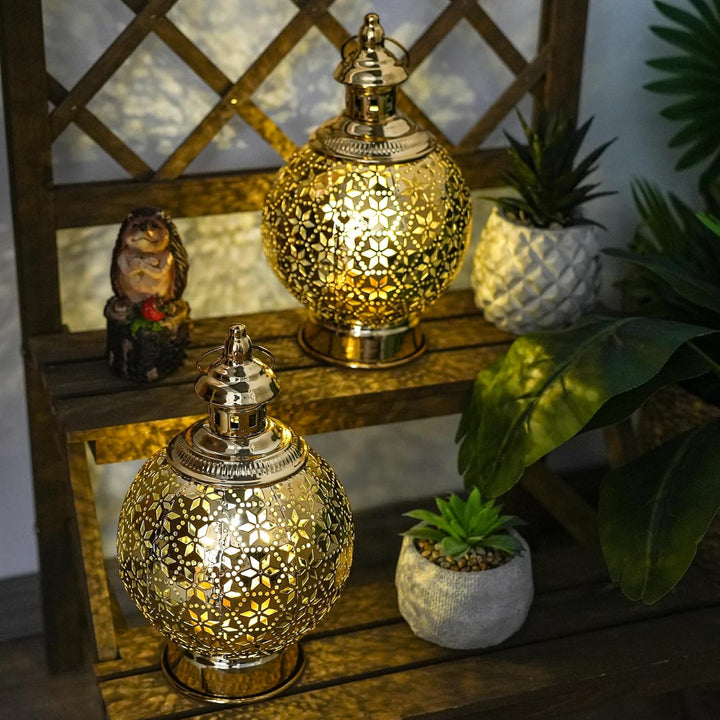 TRIROCKS Ramadan-Laternen, 2 Stück, 25,4 cm, Gold, elektrischer Kerzenhalter mit Timer, Metall, deko