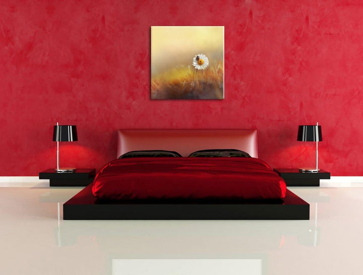 Pixxprint Gänseblümchen mit Marienkäfer als Leinwandbild | Grösse: 70x70 cm | Wandbild | Kunstdruck