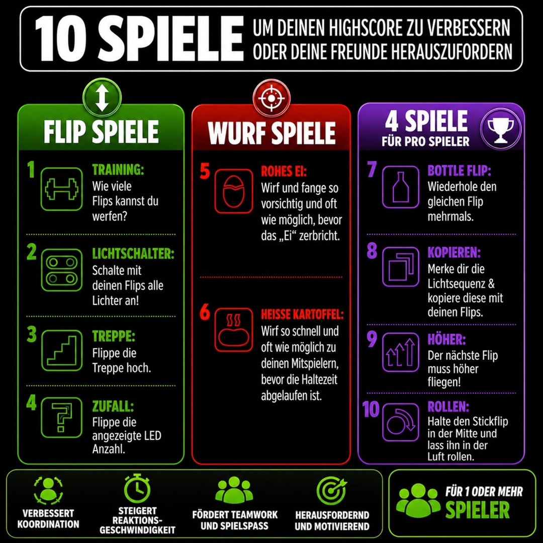 Stickflip - Werfen, Fangen, Hochleveln | 10 Spiele mit LEDs und Sound, Solo und Multiplayer, elektro