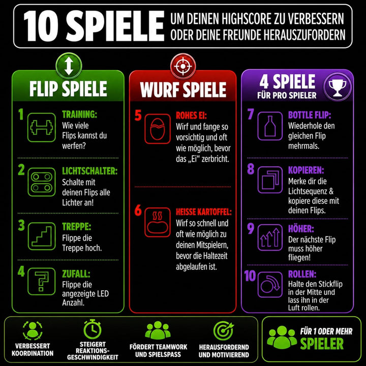 Stickflip - Werfen, Fangen, Hochleveln | 10 Spiele mit LEDs und Sound, Solo und Multiplayer, elektro