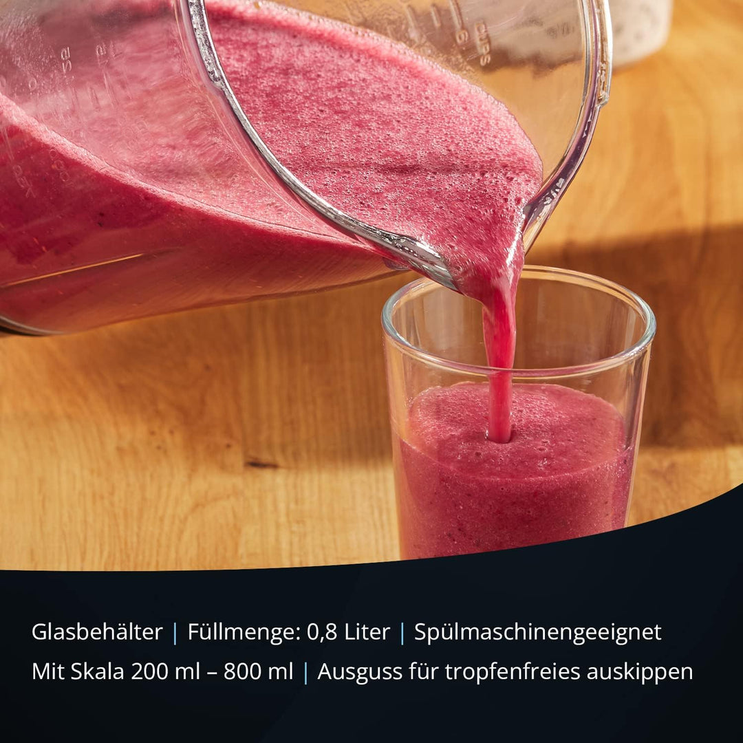 KHG Mini Standmixer 250 Watt mit 0,8 Liter Glasbehälter, Creme | 4-fache 3D Edelstahlklingen, 2 Gesc