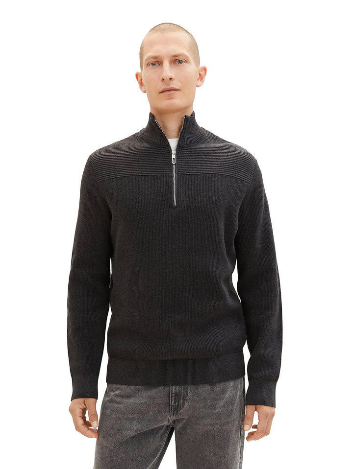 TOM TAILOR Herren Strukturierter Strick-Pullover mit Troyer-Kragen L 10617-black Grey Melange, L 106