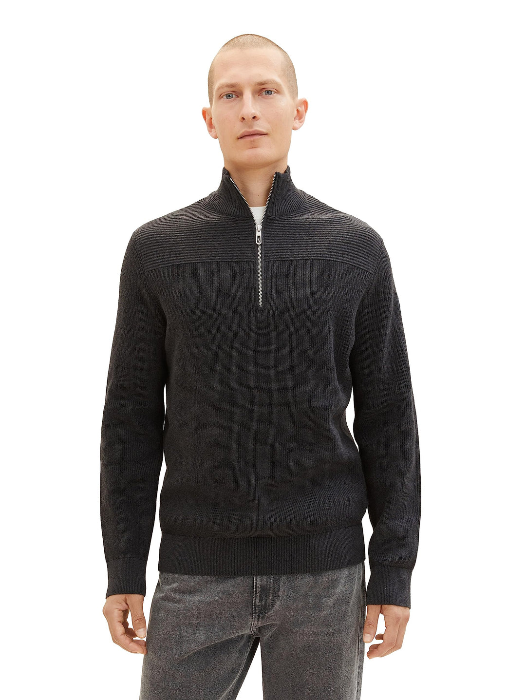 TOM TAILOR Herren Strukturierter Strick-Pullover mit Troyer-Kragen M 10617 - Black Grey Melange, M 1