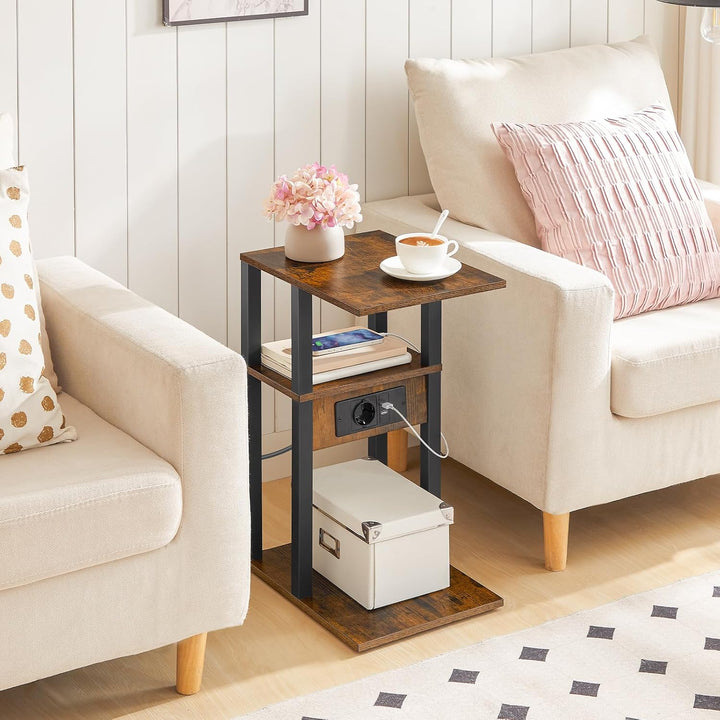 HOOBRO Beistelltisch mit Ladestation, Flip C-Form Sofatisch, Couchtisch mit Rädern und Ablagefläche,