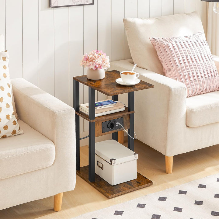 HOOBRO Beistelltisch mit Ladestation, Flip C-Form Sofatisch, Couchtisch mit Rädern und Ablagefläche,