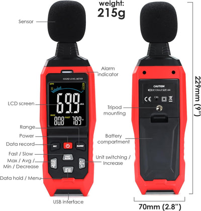 Dezibel-Meter Schallpegelmesser, Hohe Genauigkeit db Meter Klassenzimmer Lärmmesser mit A/C/Z Gewich