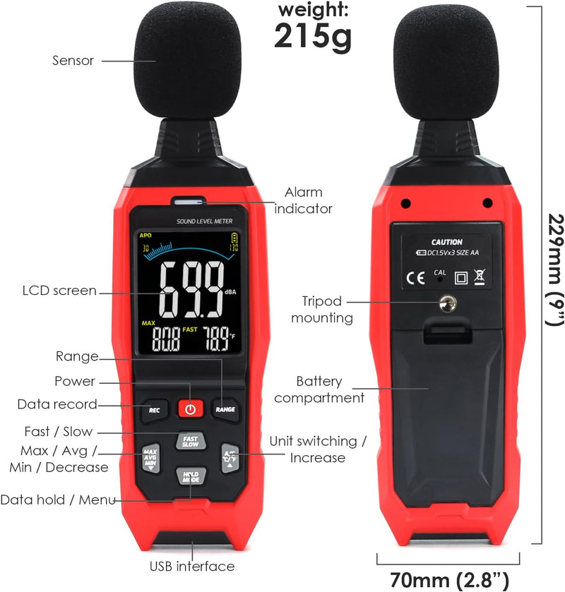 Dezibel-Meter Schallpegelmesser, Hohe Genauigkeit db Meter Klassenzimmer Lärmmesser mit A/C/Z Gewich