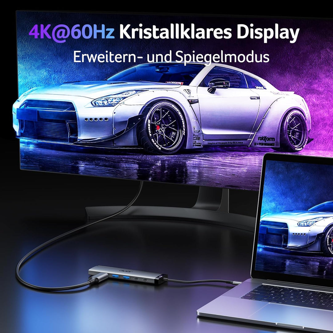 acer 8 in 1 USB C Hub, 10Gbps USB-C auf HDMI Adapter 4K@60Hz, Dockingstation mit 2×USB-C 3.2, 2×USB