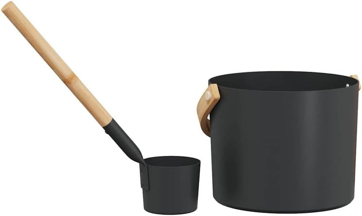 Sauna Zubehör Set 2-teilig Schwarz aus Aluminium und Kiefernholz mit 7L Eimer und Schöpflöffel für I