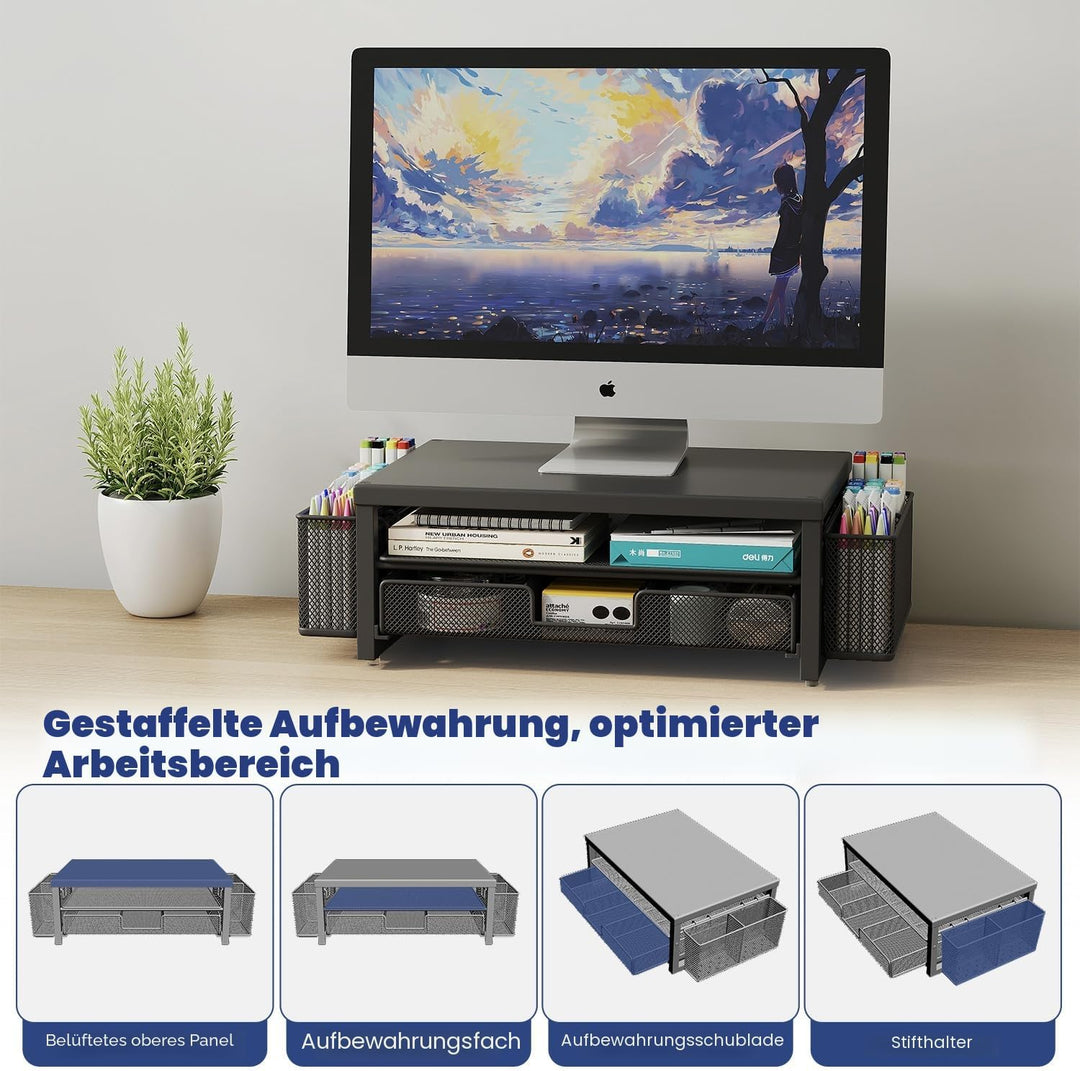 BOKIOVIN Metall Monitor Ständer Erhöhung mit Schublade und 2 Stifthaltern, Laptop PC Erhöhung für Sc