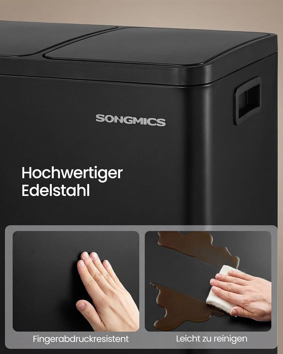 SONGMICS Mülleimer Küche, 2 x 15 L, Mülltrennsystem 2 Fächer, Abfalleimer mit 15 Müllbeuteln, Tretmü