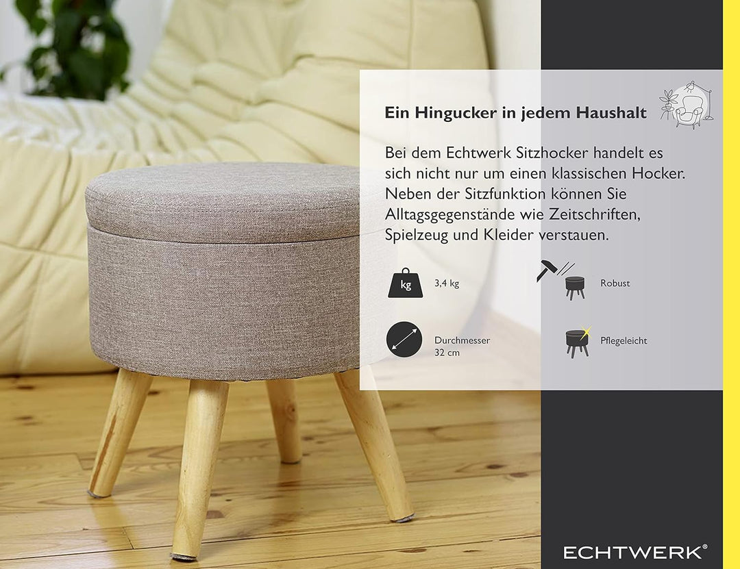 ECHTWERK Sitzhocker Max, Sitztruhe, Sitzwürfel, rund, mit Stauraum, Deckel abnehmbar, gepolsterte Si