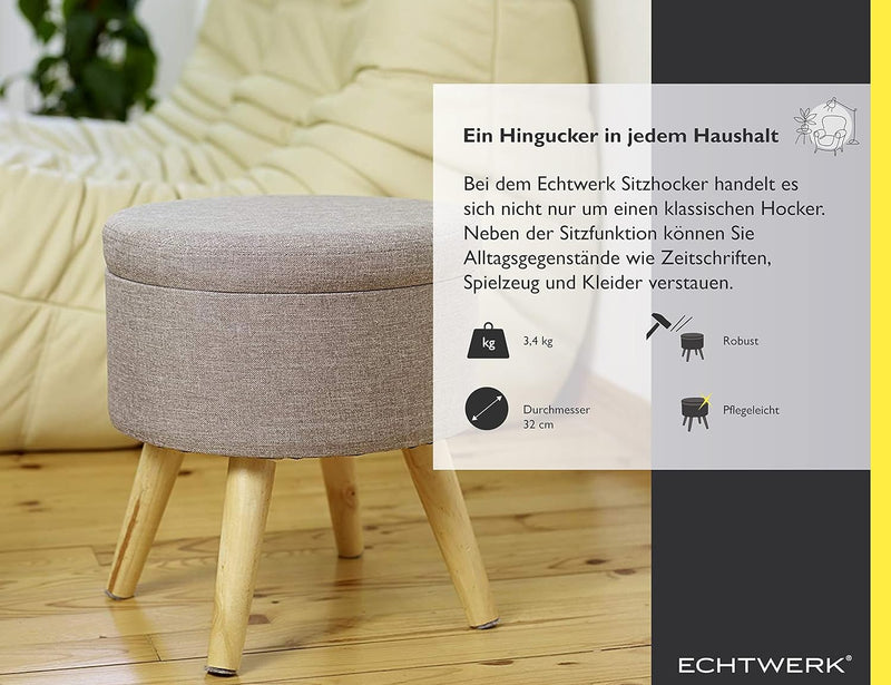 ECHTWERK Sitzhocker Max, Sitztruhe, Sitzwürfel, rund, mit Stauraum, Deckel abnehmbar, gepolsterte Si